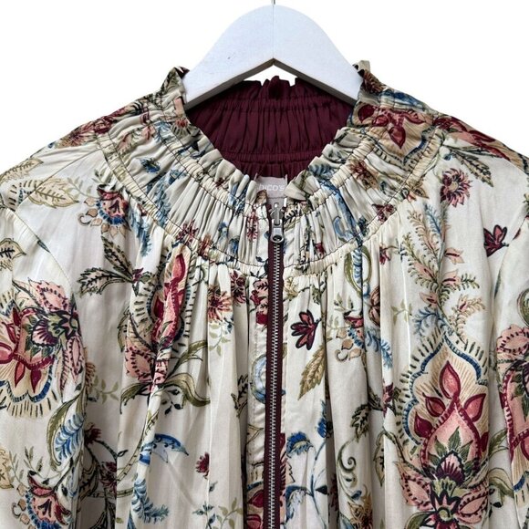 CHICO'S Floral Bomber Jacket XL (Chicos 3) Cream Red Reversible Zip Front Satin - Picture 3 of 15